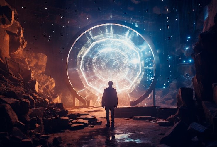A man stands next to a large circular object, embodying the concept of round-the-clock psychic support and career guidance.